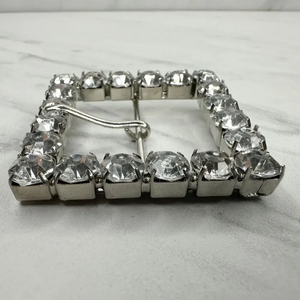Square Rhinestone Silver Tone Belt Buckle